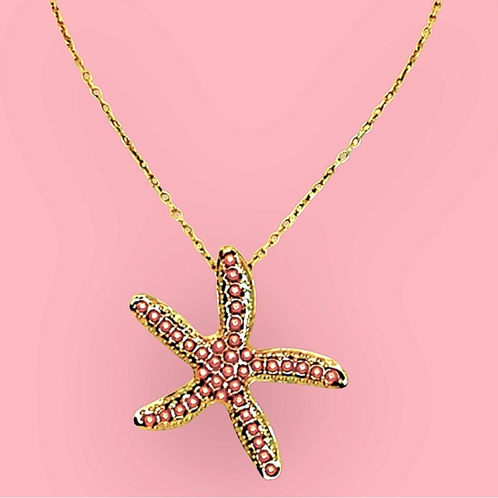 Starfish Pink and Gold Necklace with Pink Faux Pearl  Accents - Picture 5 of 9